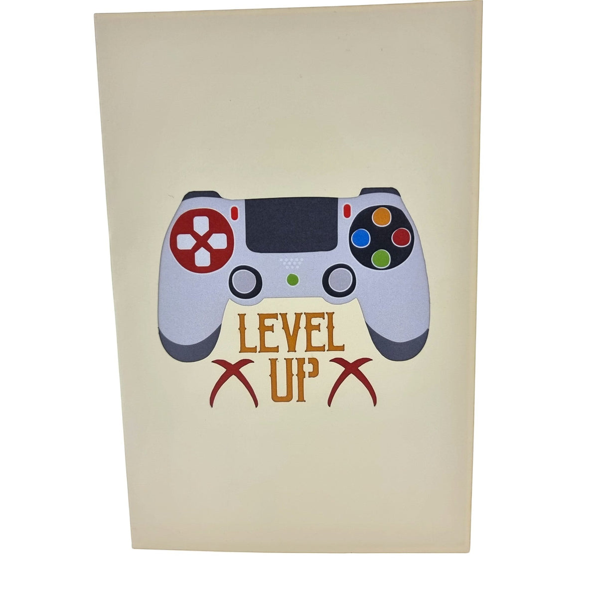 Color Pop Cards Video Game Controller Pop Up Card, featuring a 3D grey and red controller with colorful buttons and "LEVEL UP" text.
