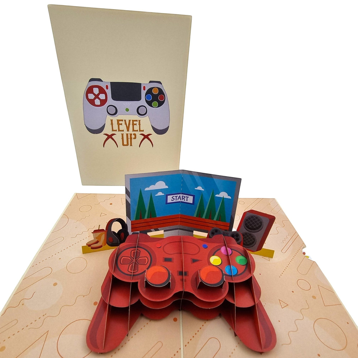 Color Pop Cards red video game controller pop-up card with "START" screen, headphones, and speakers.