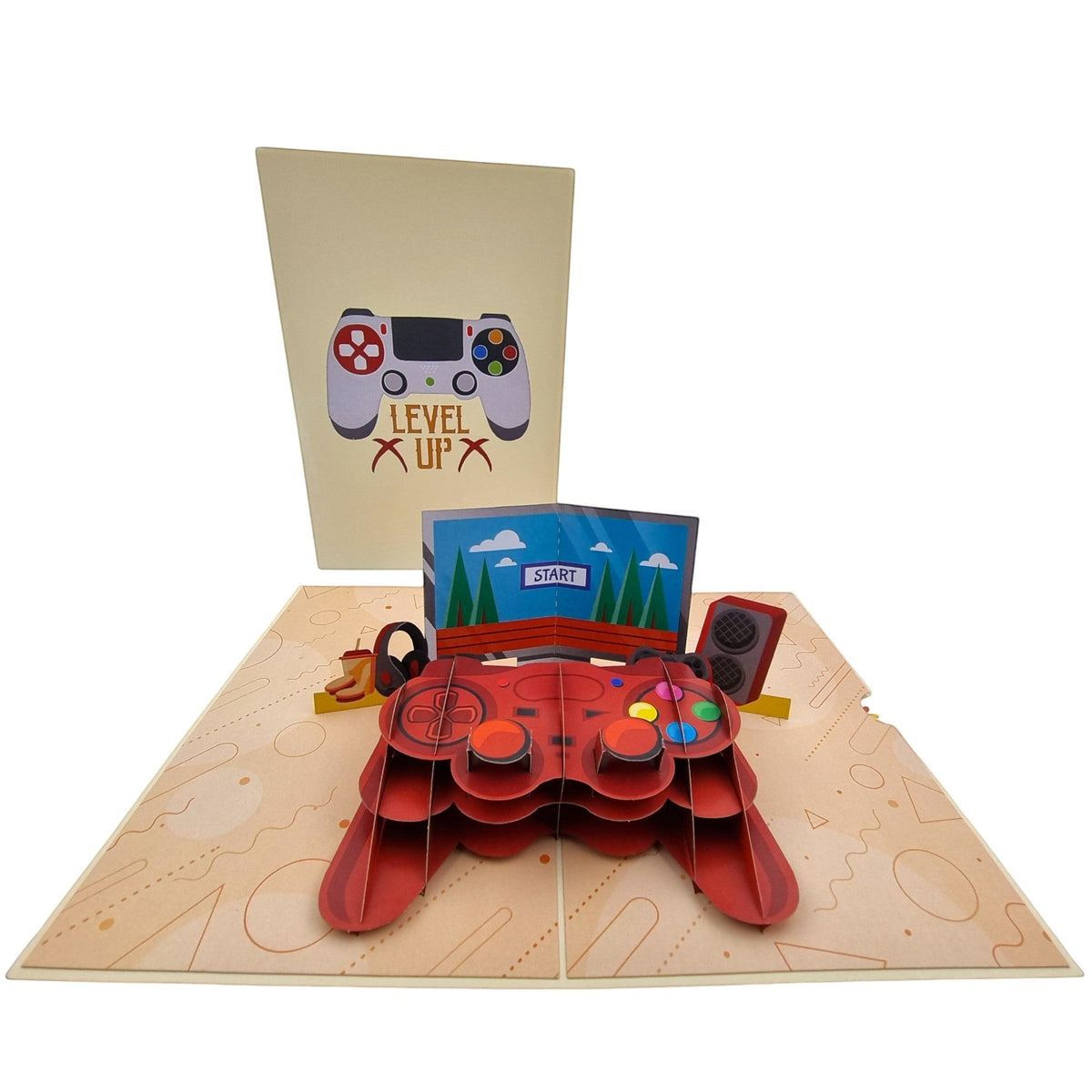 Color Pop Cards video game controller pop-up card with 3D red controller, headphones, speakers, and START screen.