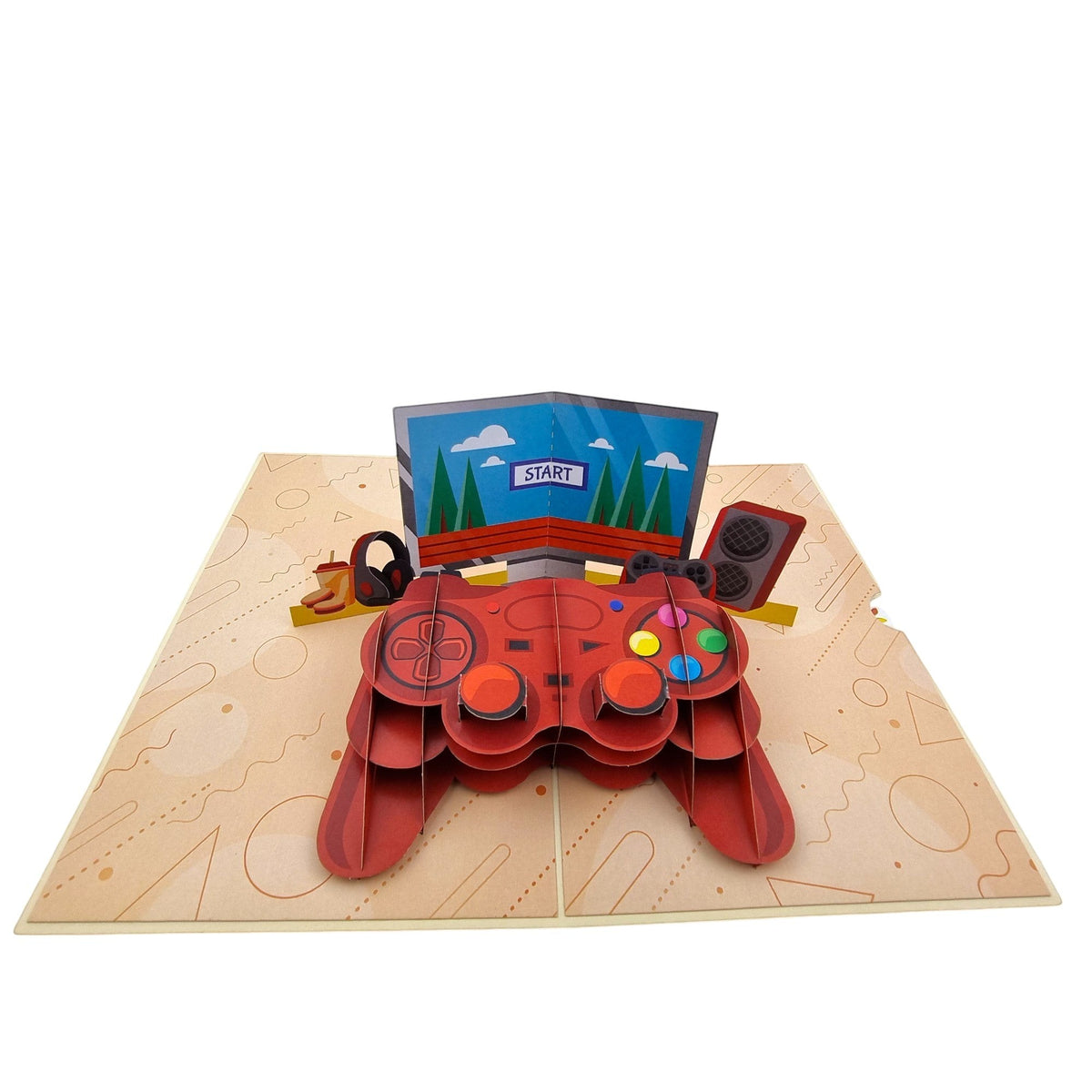 Color Pop Cards red video game controller pop-up card with screen, headphones, and speakers. 12x18cm.
