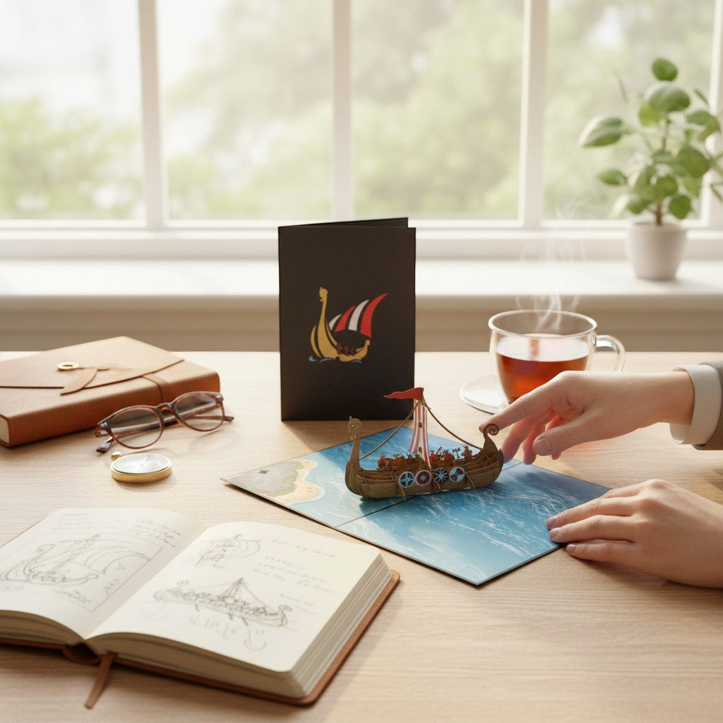 Color Pop Cards Viking Ship pop-up card with intricate details, shields, oars, and dragon bow.
