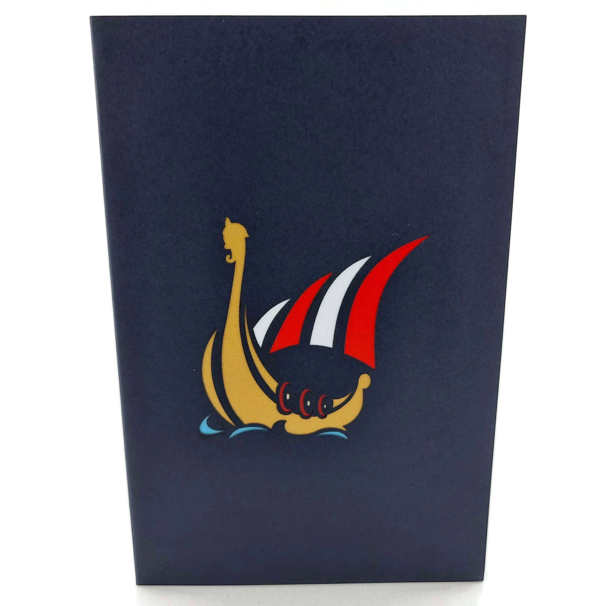 Color Pop Cards dark blue Viking ship pop-up card with gold ship, red and white sails, and dragon head bow.