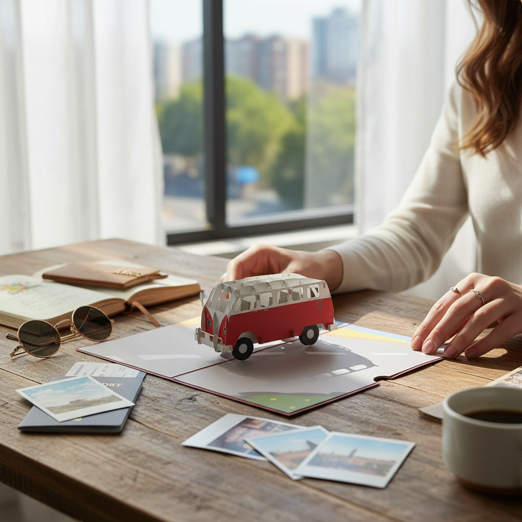 Color Pop Cards vintage red and white camper van pop up card, 3D model on a table with travel photos.