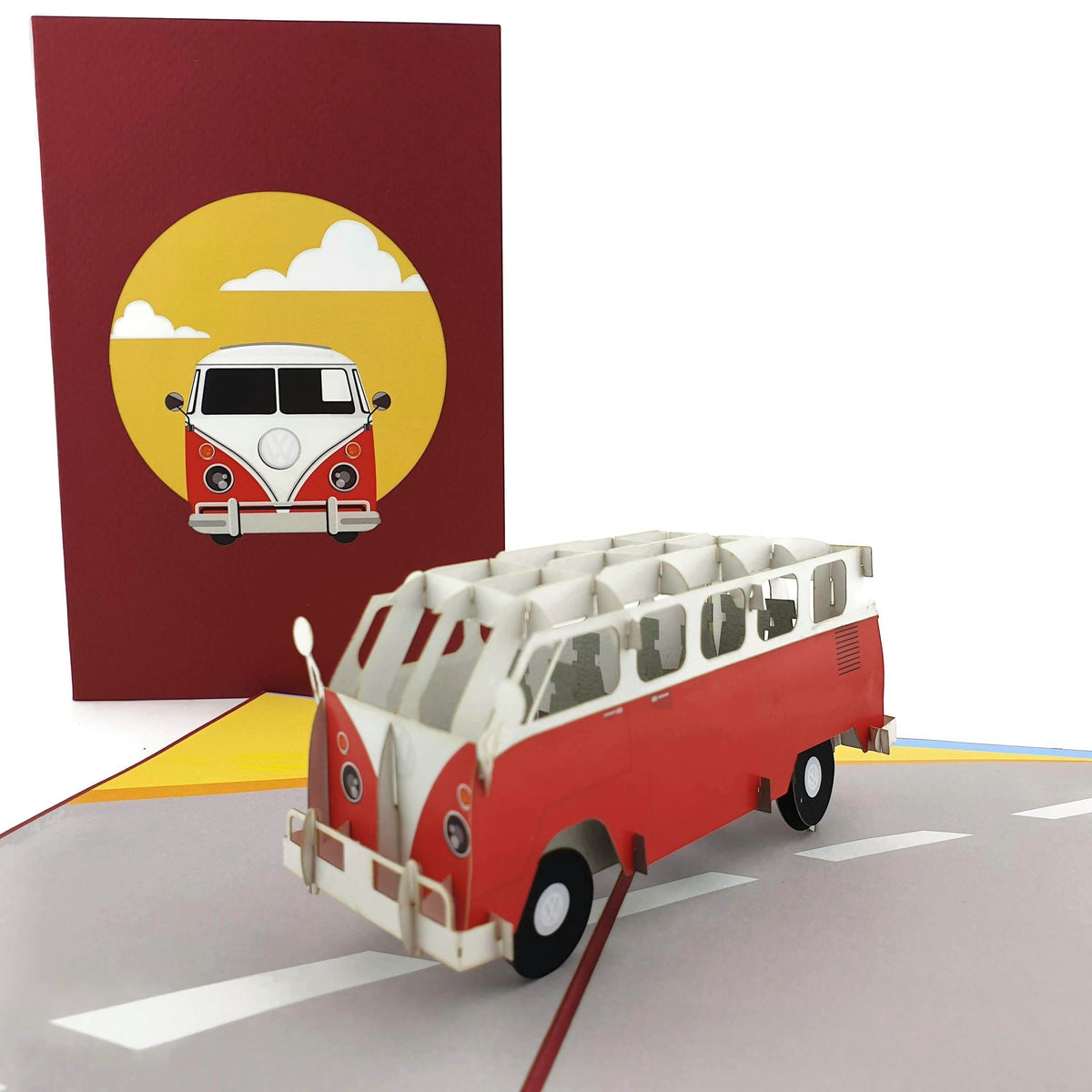 Color Pop Cards vintage red and white camper van pop up card with 3D model and envelope.
