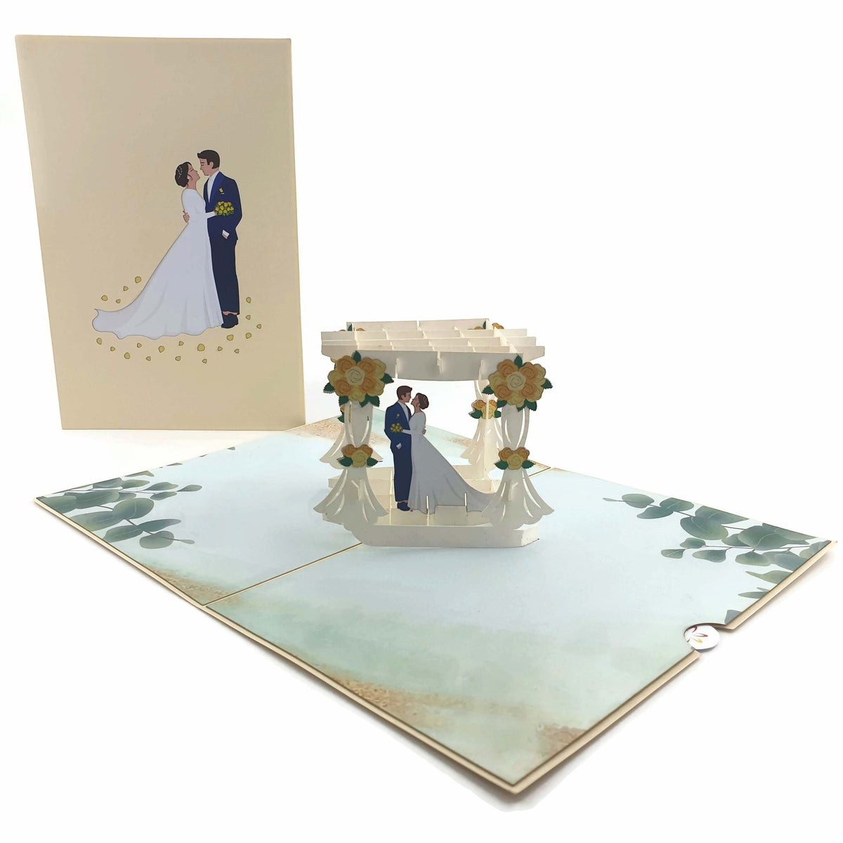 Color Pop Cards Wedding Arbour pop-up card with bride and groom under a floral arch. Includes envelope.