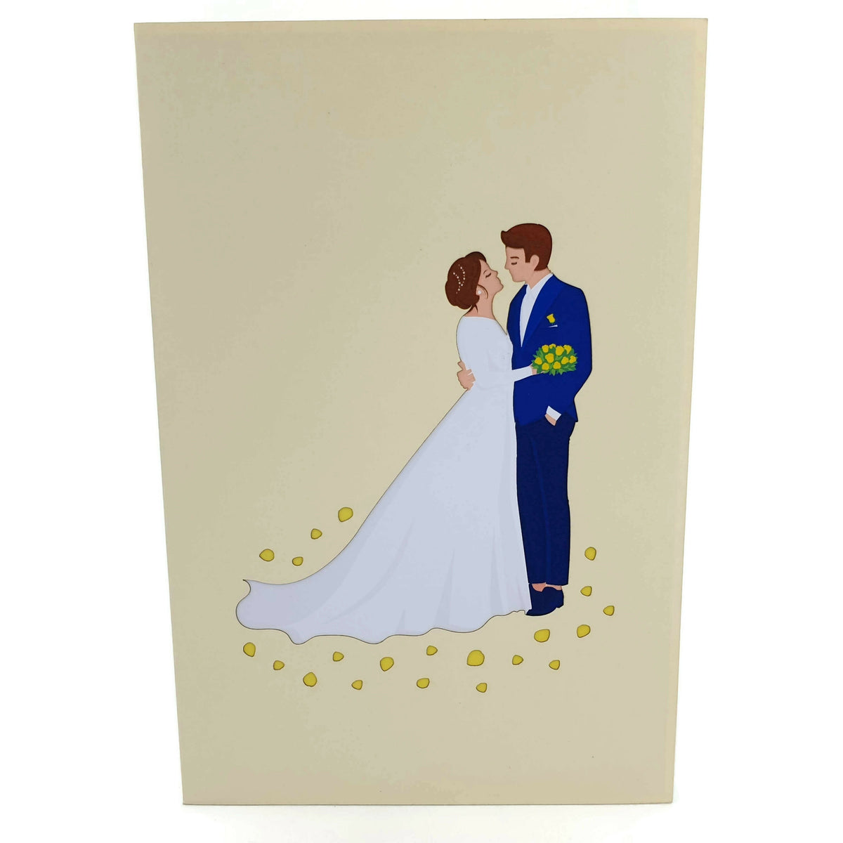 Color Pop Cards wedding arbour pop-up card featuring a bride and groom with yellow flowers. Includes envelope.