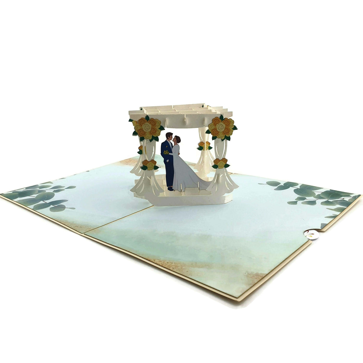 Color Pop Cards Wedding Arbour Pop-Up Card featuring a bride and groom under a floral arch. White card with yellow flowers.