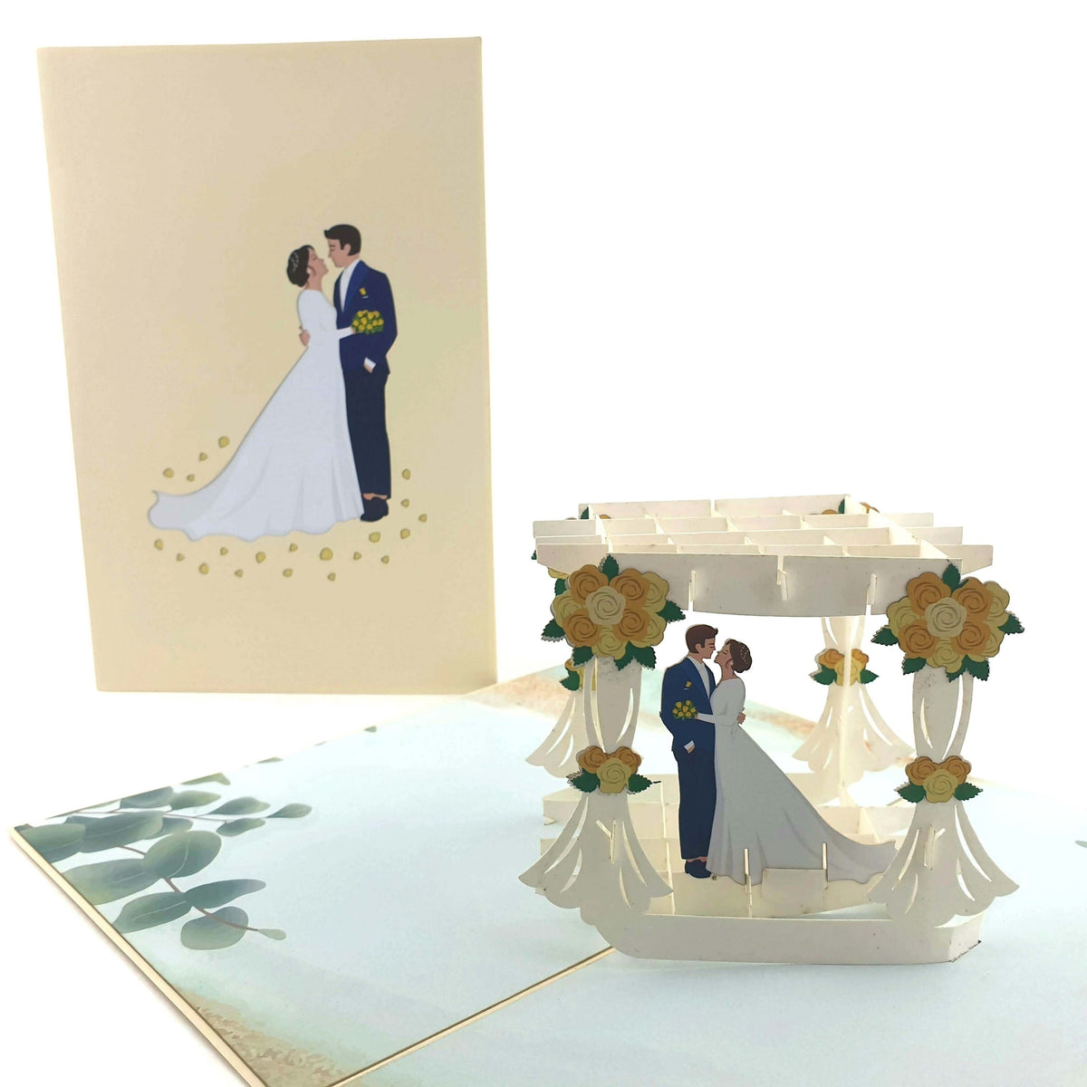 Color Pop Cards Wedding Arbour Pop-Up Card featuring a bride and groom under a floral arbour. Includes envelope.
