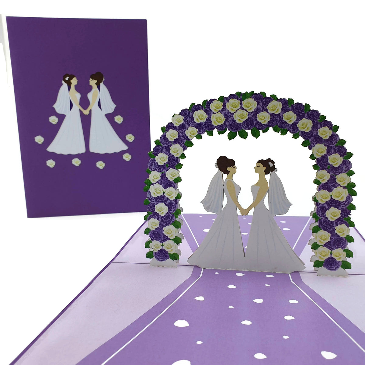 Color Pop Cards wedding pop-up card featuring two brides under a purple and white floral arch. Includes envelope.