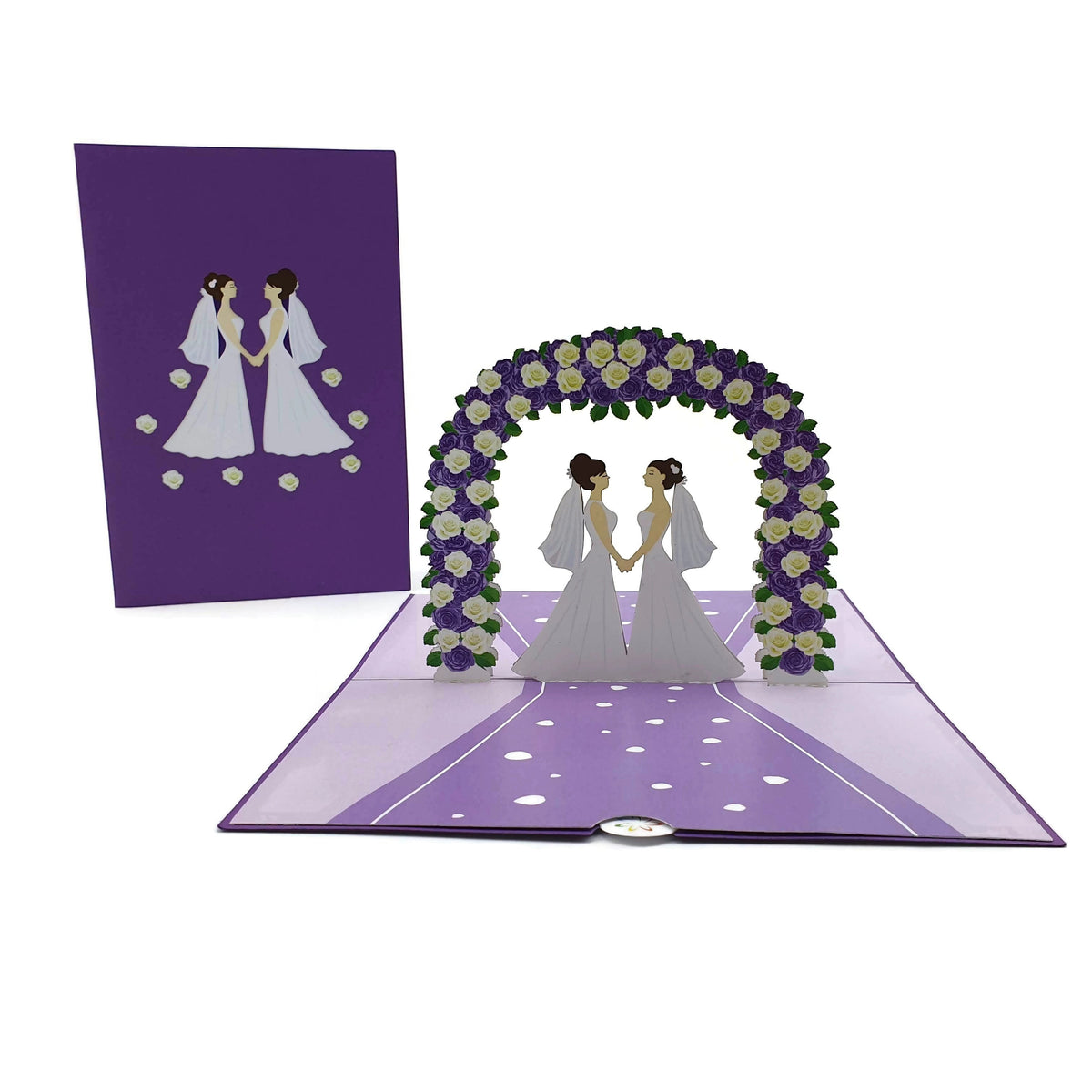 Color Pop Cards wedding pop-up card featuring two brides under a floral arch, purple and white.