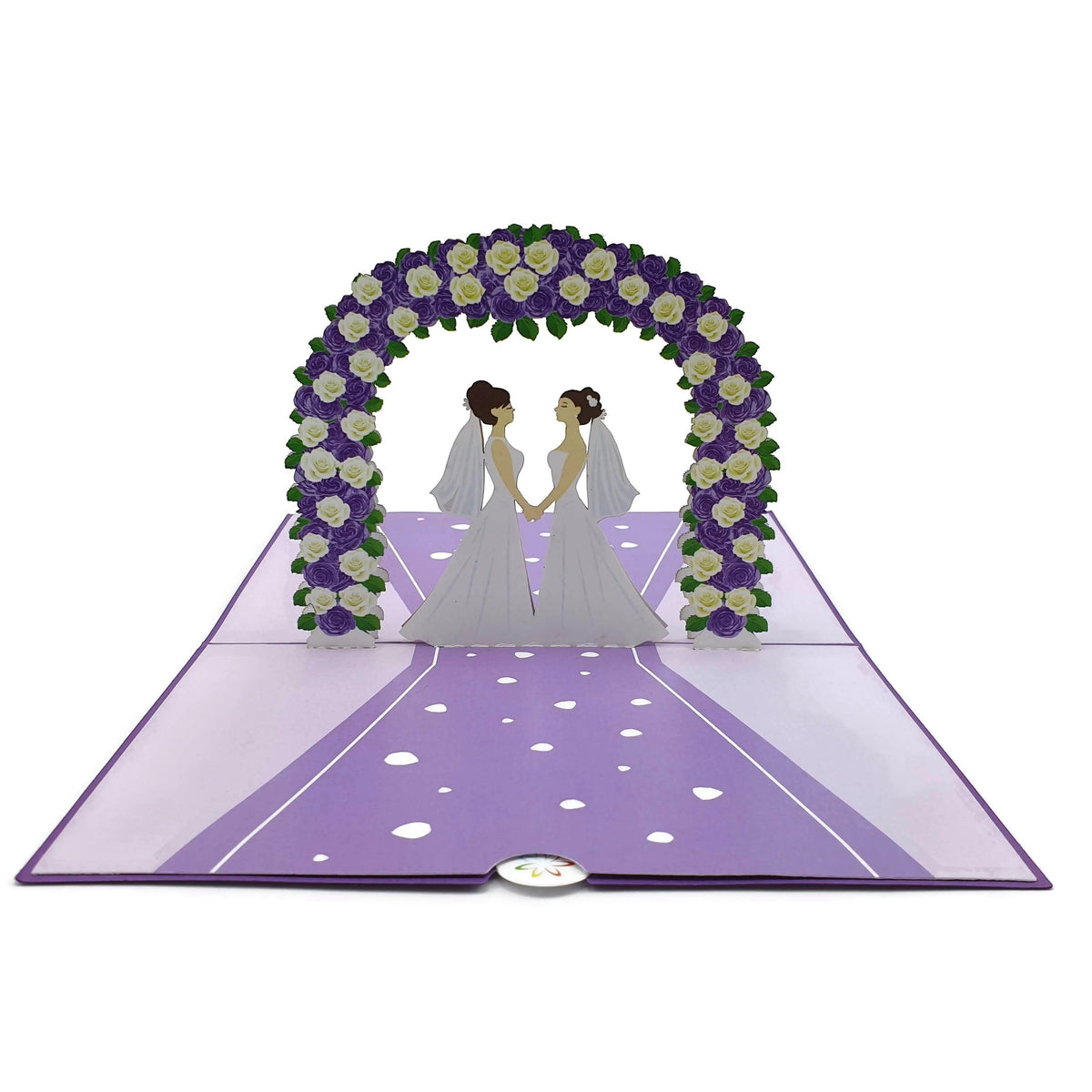 Color Pop Cards Wedding Day Brides pop-up card featuring two brides in white dresses under a purple and white floral arch.