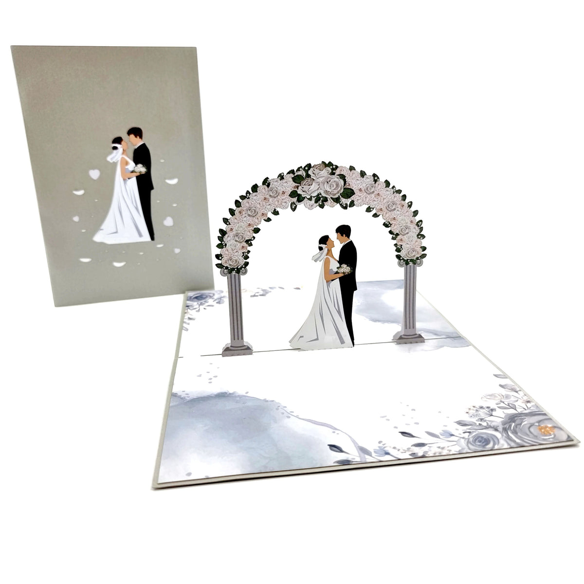 Color Pop Cards wedding day pop-up card featuring a bride and groom under a floral arch. Includes envelope.