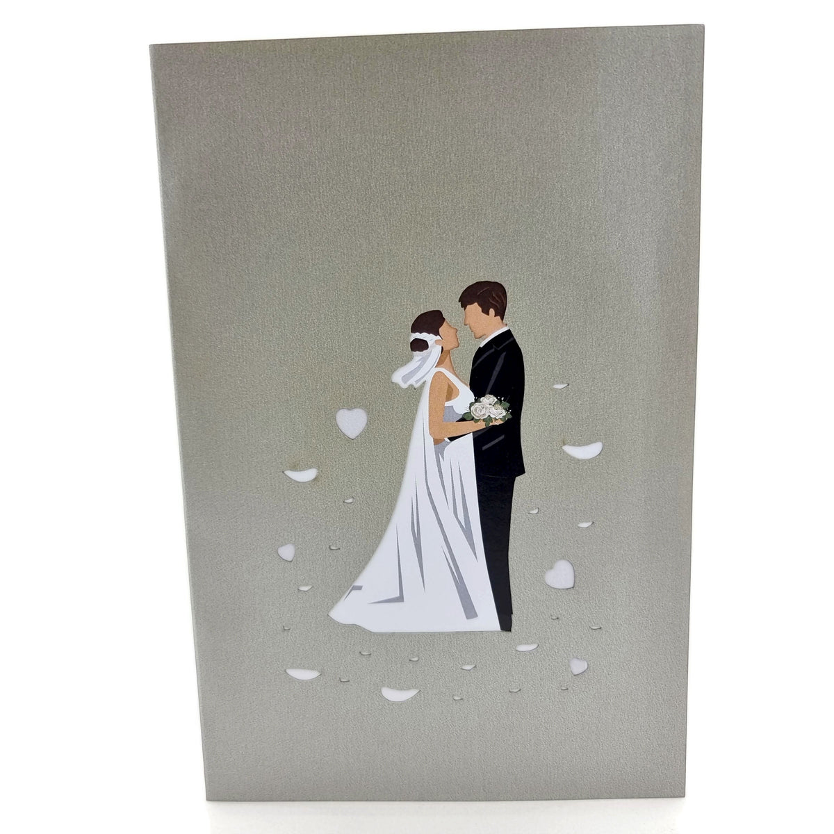 Color Pop Cards silver wedding day pop-up card featuring a bride and groom illustration with scattered petals.
