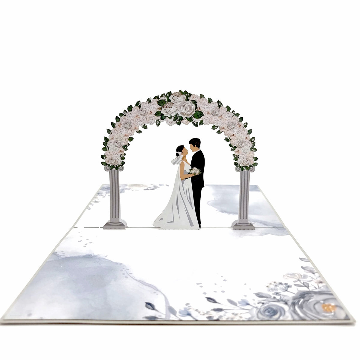 Color Pop Cards wedding day pop-up card featuring a bride and groom under a floral arch. White envelope included.
