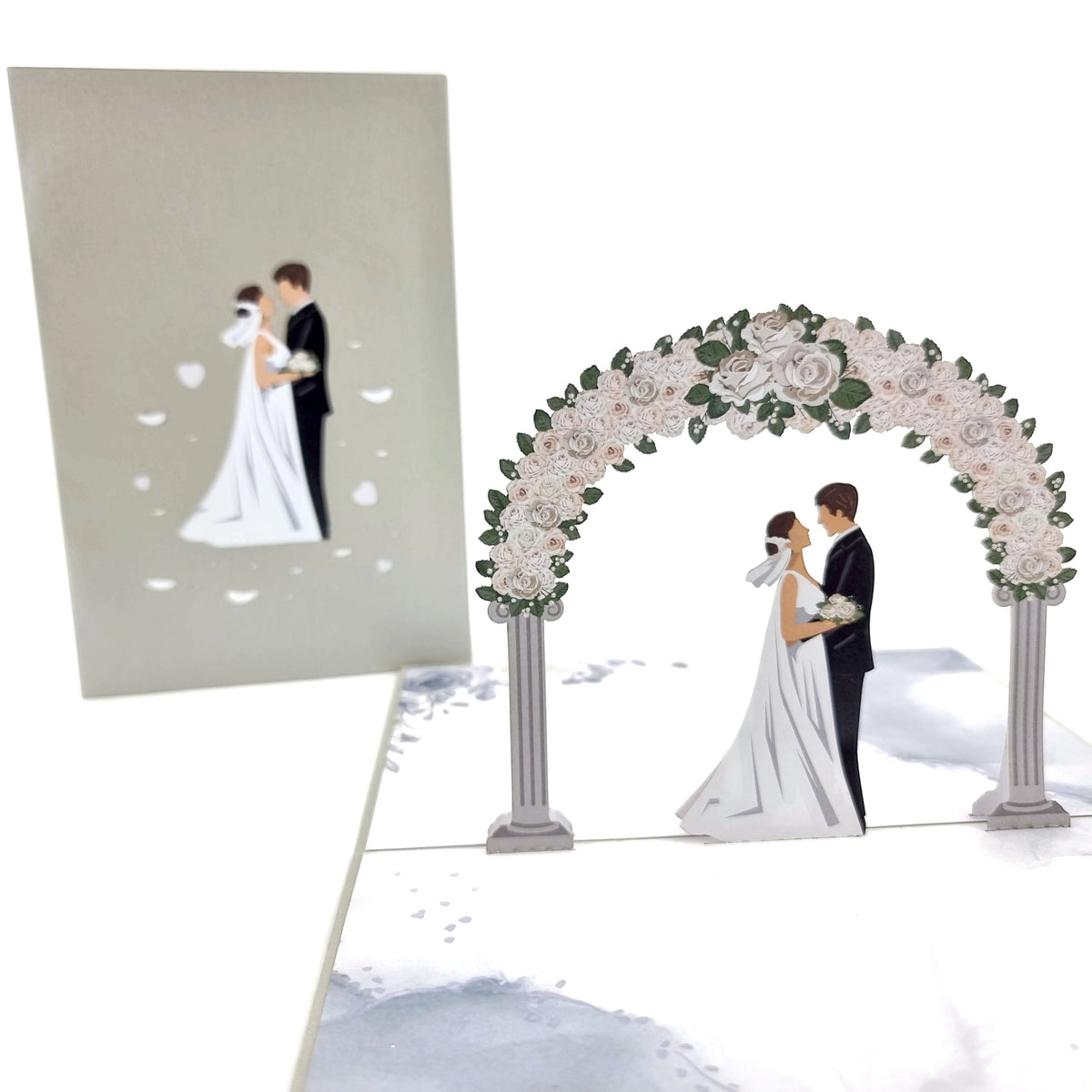 Color Pop Cards wedding day pop-up card featuring a bride and groom under a floral arch. Includes envelope.