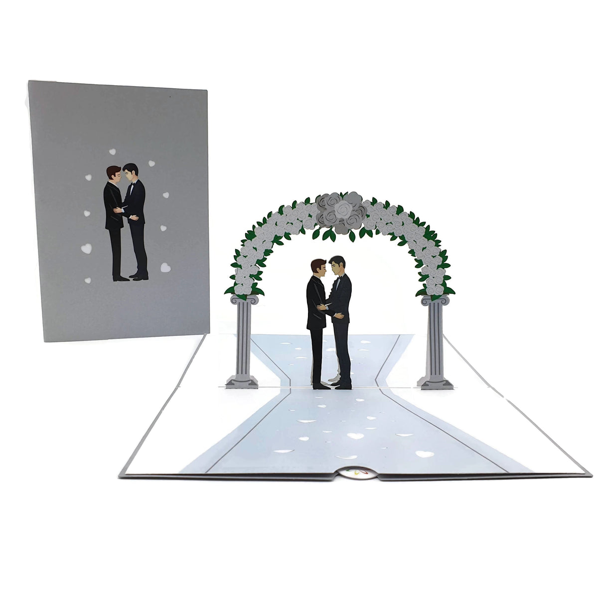 Color Pop Cards Wedding Day Grooms Pop-Up Card featuring two grooms under a floral arch. Includes envelope and note.