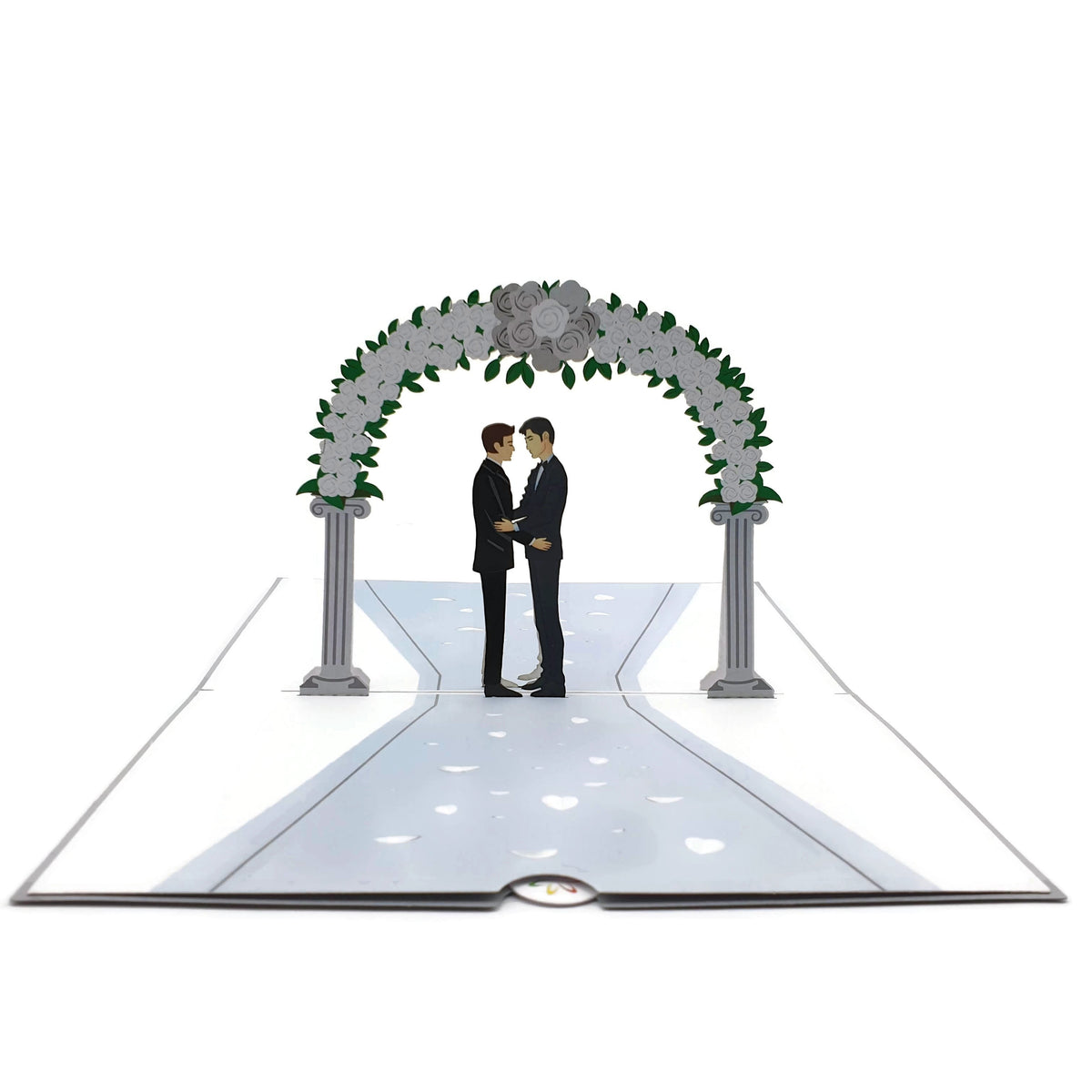 Color Pop Cards wedding day pop-up card featuring two grooms in tuxedos under a floral arch. Includes white envelope.