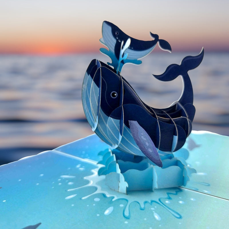 Color Pop Cards blue whale family pop up card with baby whale breaching from water spout.