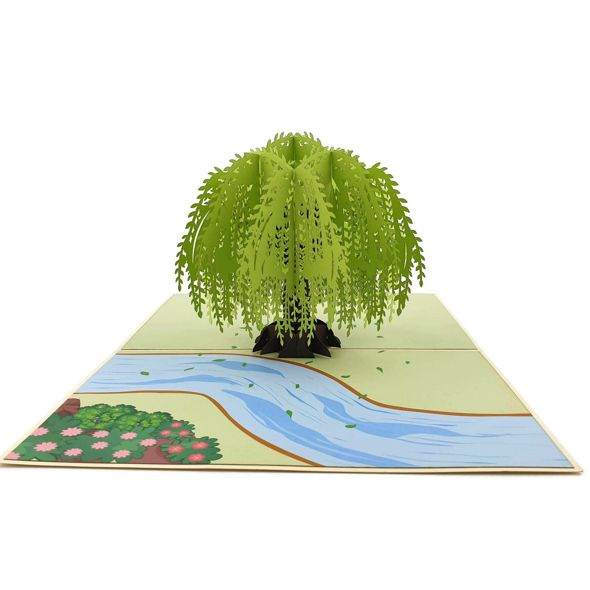 Color Pop Cards Willow Tree Pop Up Card with green tree, blue river, and pink flowers.