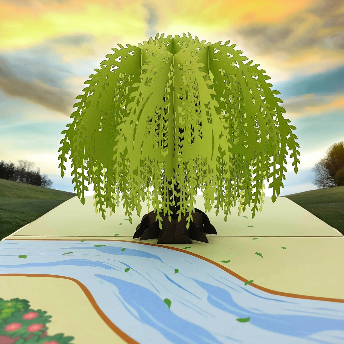 Color Pop Cards Willow Tree Pop Up Card with green foliage and brown trunk by a blue river.