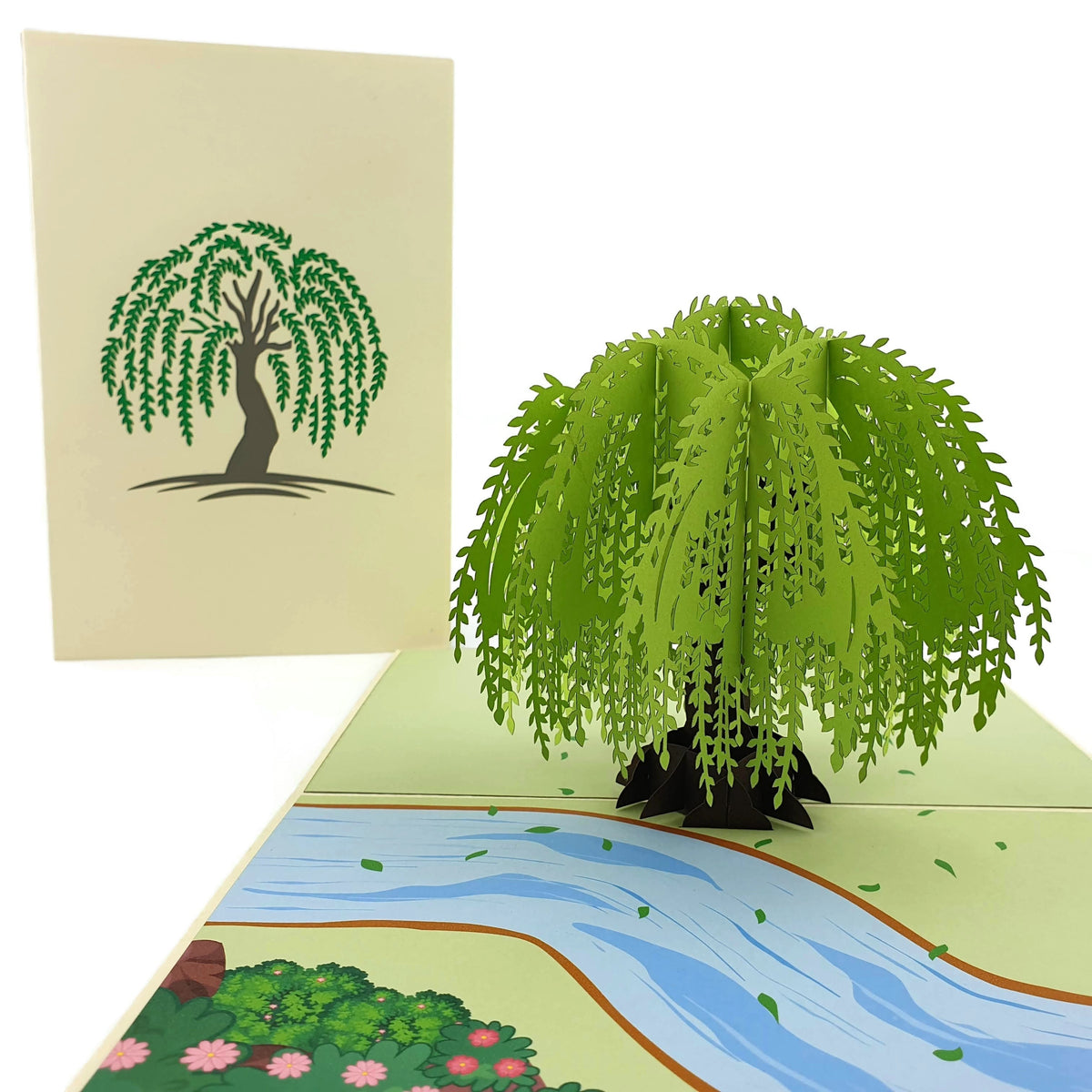 Color Pop Cards cream pop-up card with green willow tree and river scene. 12x18 cm.