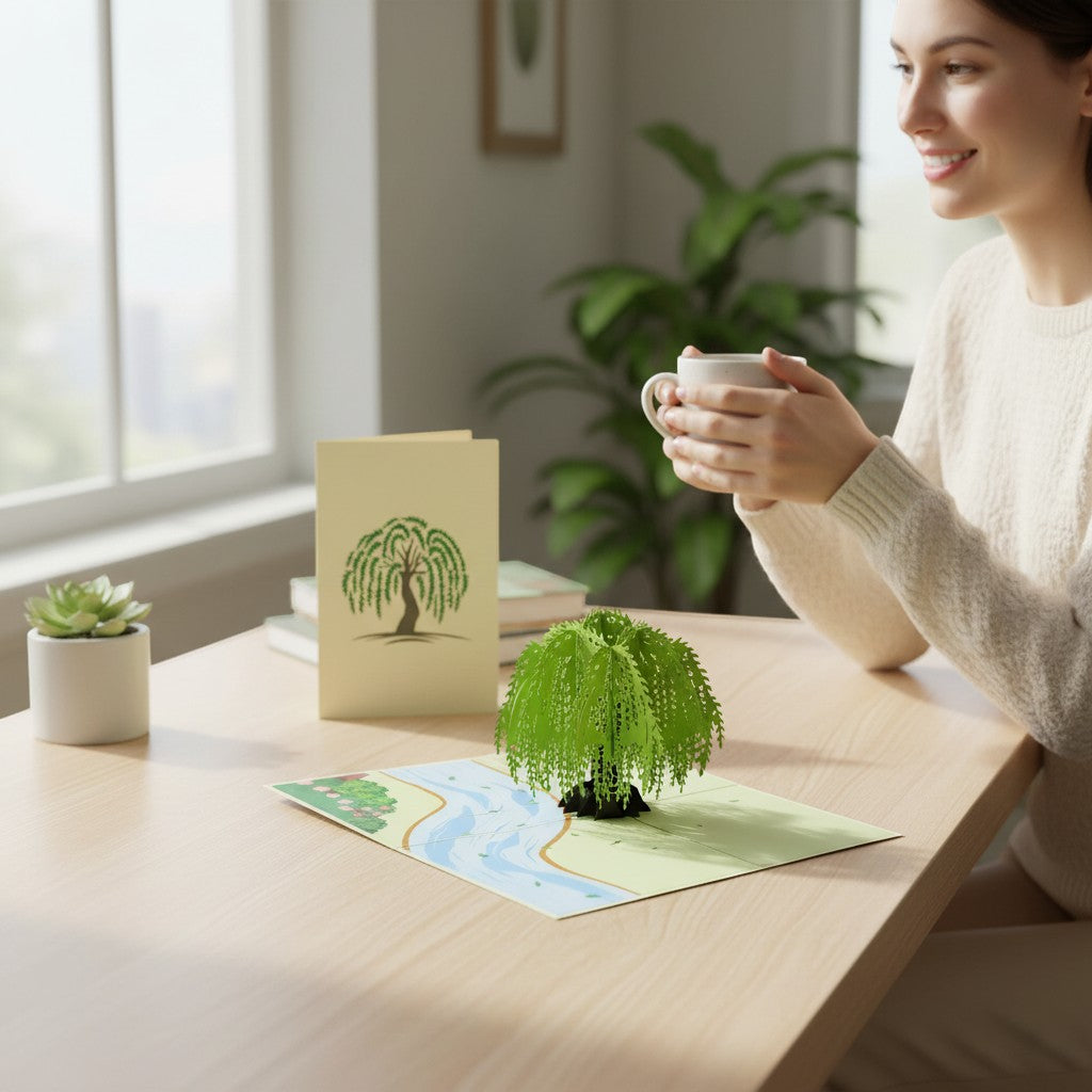 Color Pop Cards Willow Tree Pop Up Card with green tree by river, cream cover, perfect for anniversary, birthday, Mother's Day.