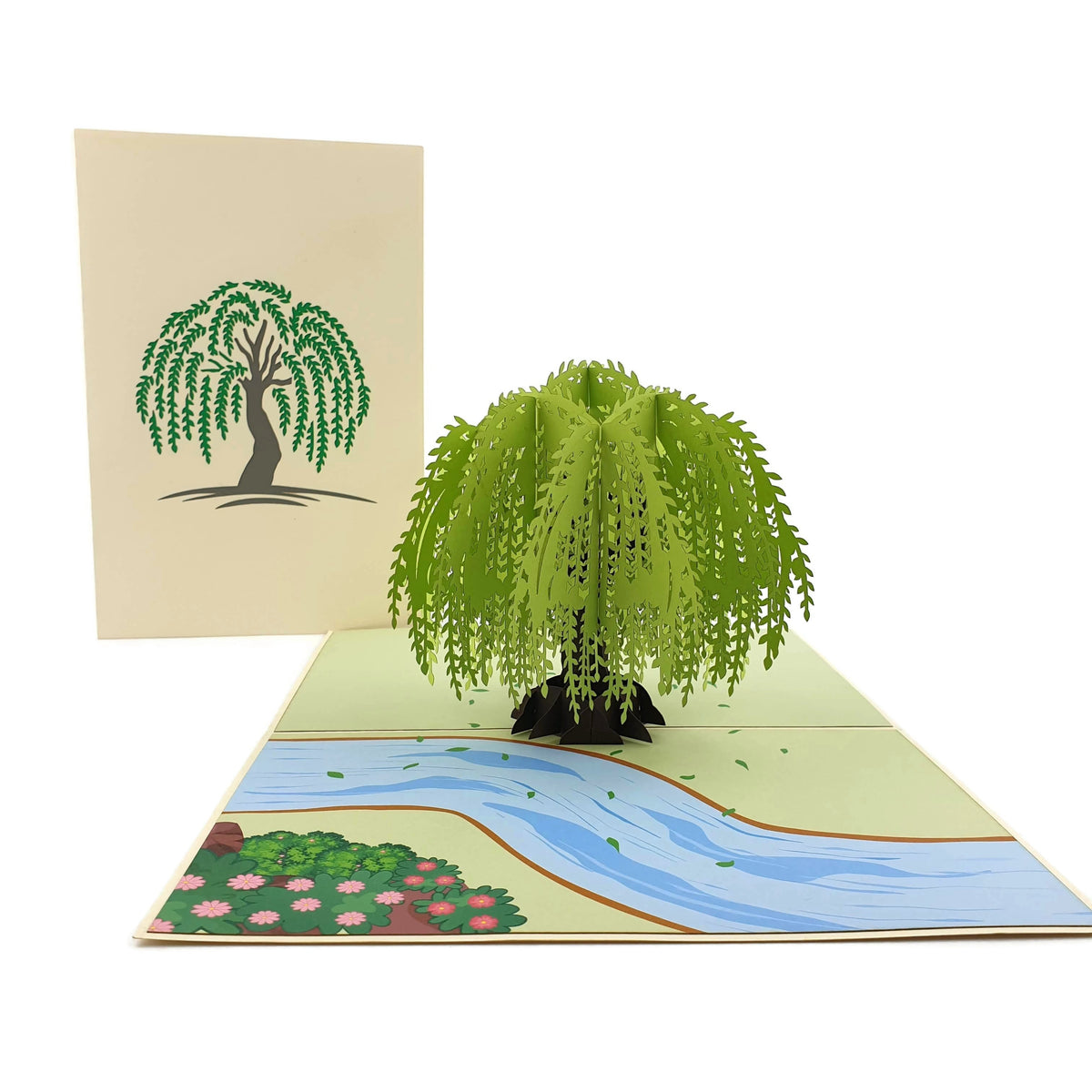 Color Pop Cards cream pop-up card with green willow tree and river scene. Perfect for anniversaries, birthdays, or Mother's Day.